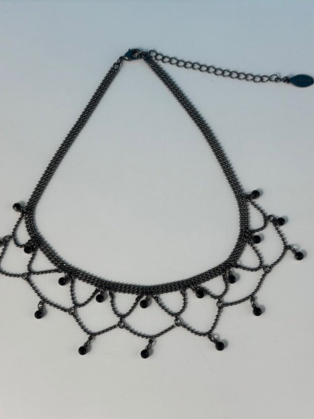 GUESS Gunmetal Black Rhinestone Dangle Choker Necklace Fringe Goth Victorian